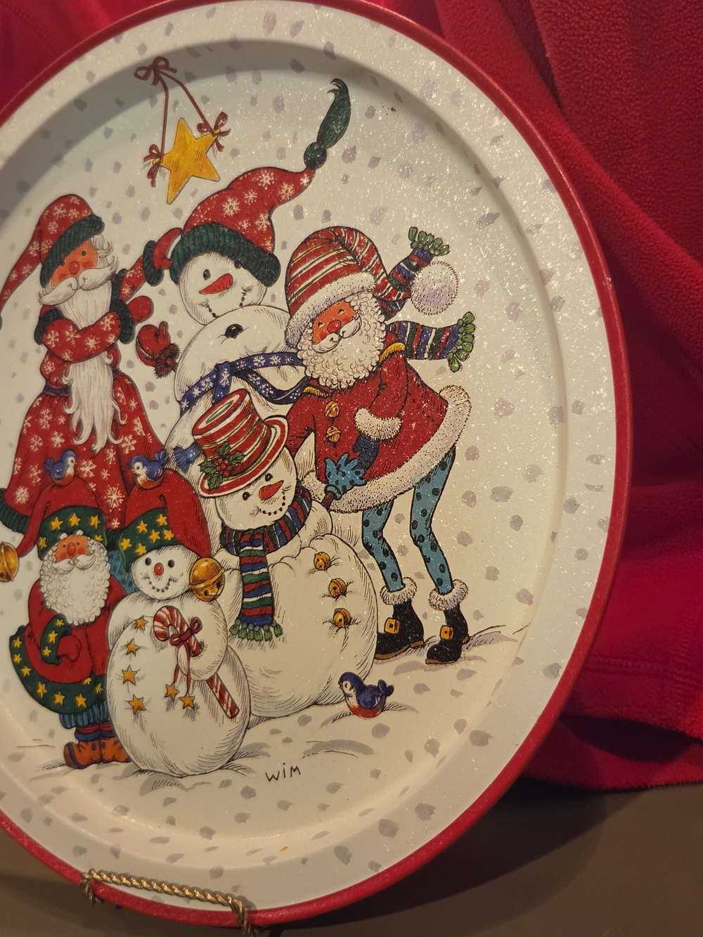 Festive Red Holiday Serving Tray with Santa & Snowman Scene
